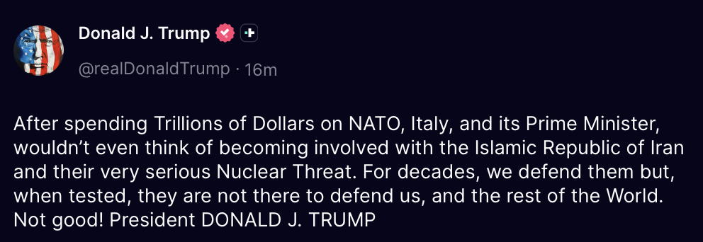 TRUMP ATTACCA ANCORA MELONI: «L’ITALIA NON CI HA AIUTATO SULL’IRAN»