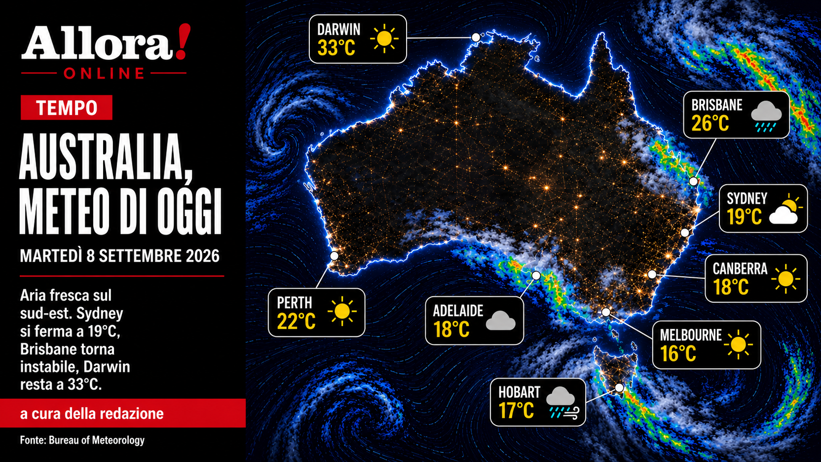 Australia, aria fredda sul sud-est e vento sulle coste: Sydney si ferma a 19°C, Canberra 18°C. Darwin resta a 33°C